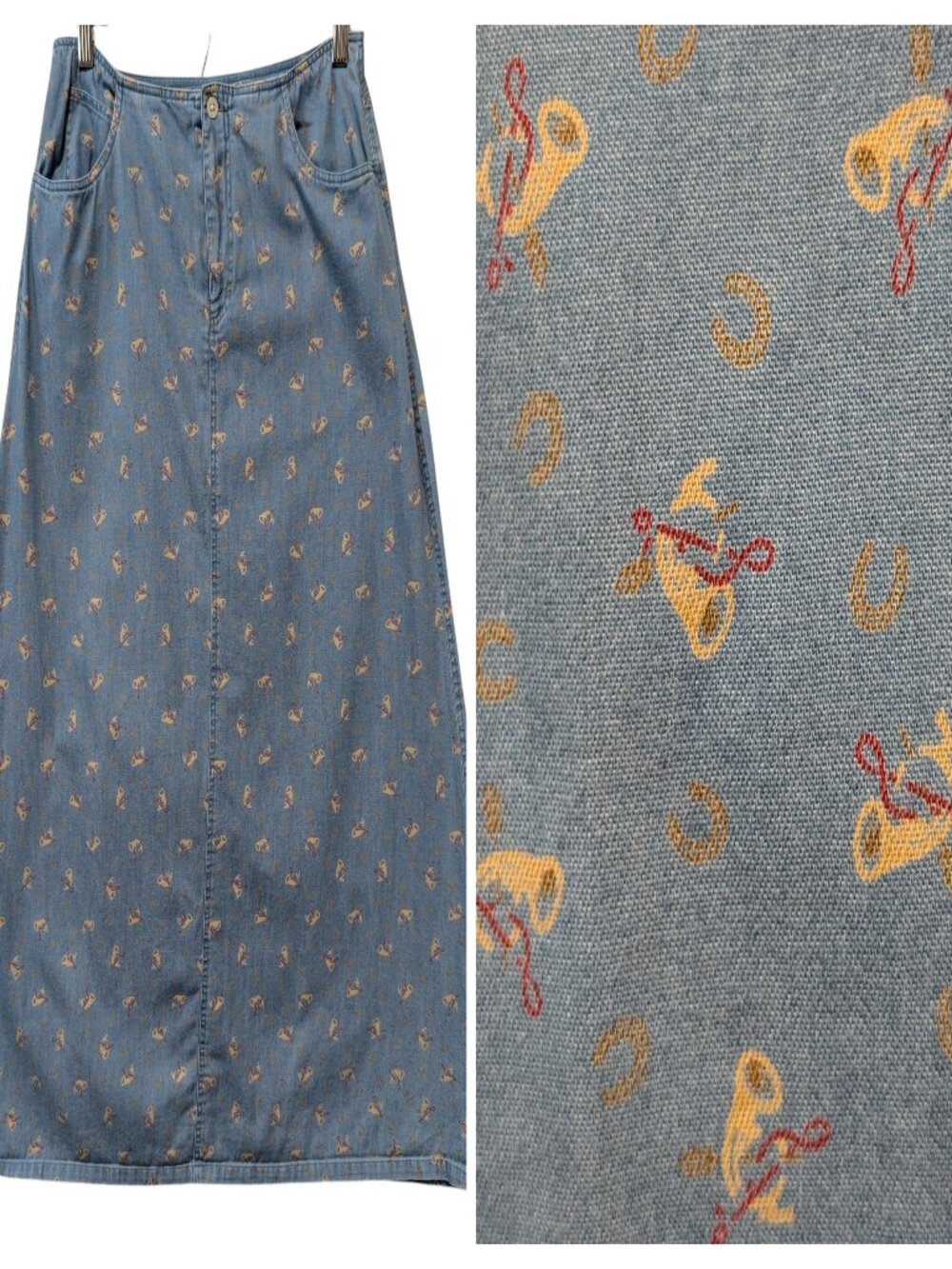Vintage Passports Womens Size L Blue Equestrian Printed Cotton Denim Midi Skirt